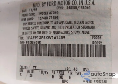 1999 Ford Escort Se z USA, uszkodzony, nr VIN 1FAFP13P5XW161459